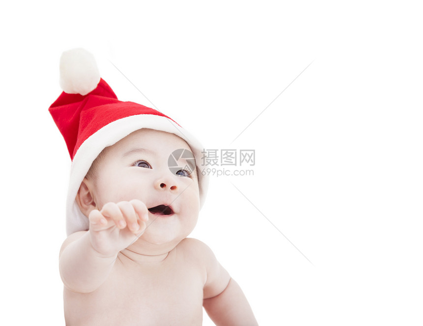 带着圣诞帽子的快乐的亚洲小宝宝图片