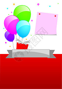 新年背景的气球和笔记板设计贺卡庆典记事本派对惊喜红色星星卡片纪念日盒子背景图片