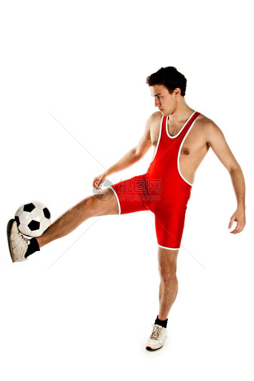 带足球球的健身女运动员男性竞赛健康运动体操白色力量图片