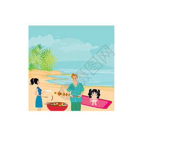 家庭快乐与户外烧烤游泳人物孩子晴天野餐兄弟男人假期绘画女士背景图片