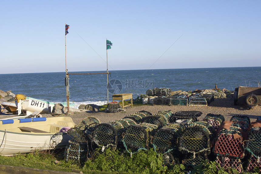 渔业村蜂砂天空蓝色海岸龙虾钓鱼海滩海洋地平线王国图片
