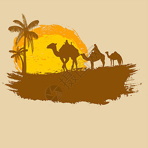 骆驼山山骆驼和棕榈树 其背景是黑的设计图片
