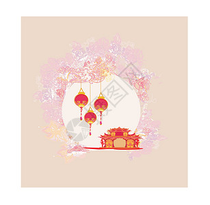 抽象中国风景背景花瓣建筑日落植物插图寺庙文化天空樱花宝塔背景图片