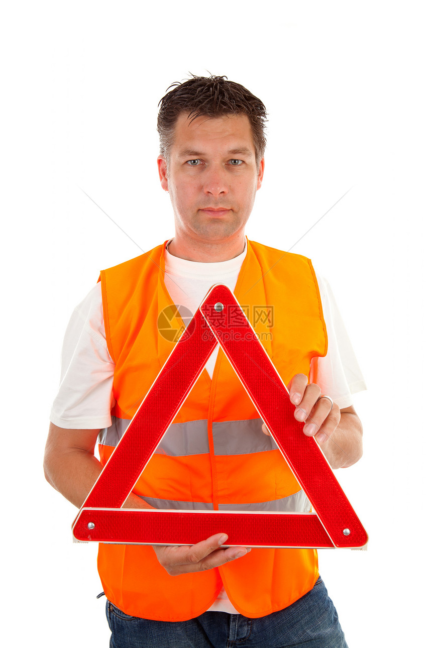 穿着安全背心的男子男性事故橙子三角形警告工具帮助冒险街道配饰图片