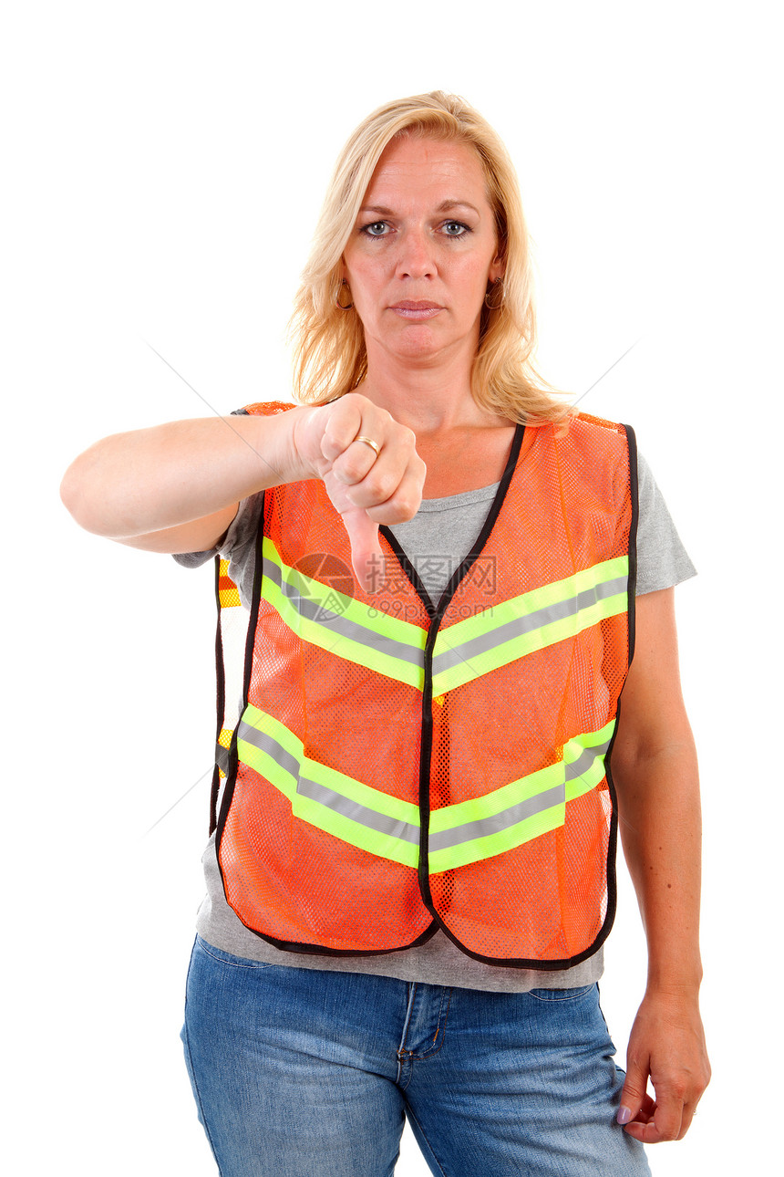 身穿安全背心的妇女手指工具橙子金发女郎闲暇冒充女士帮助女性图片