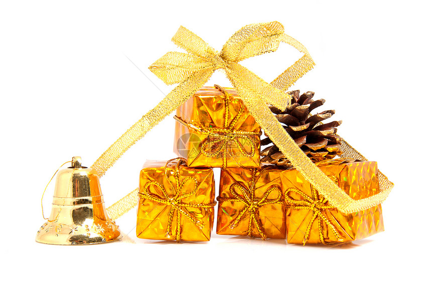 金礼和装饰黄色松果礼物生日丝带金子闪光图片