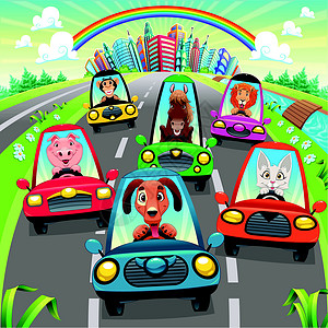 高速公路汽车交通在路上狮子建筑卡通片街道天空摩天大楼宠物彩虹城市天际插画