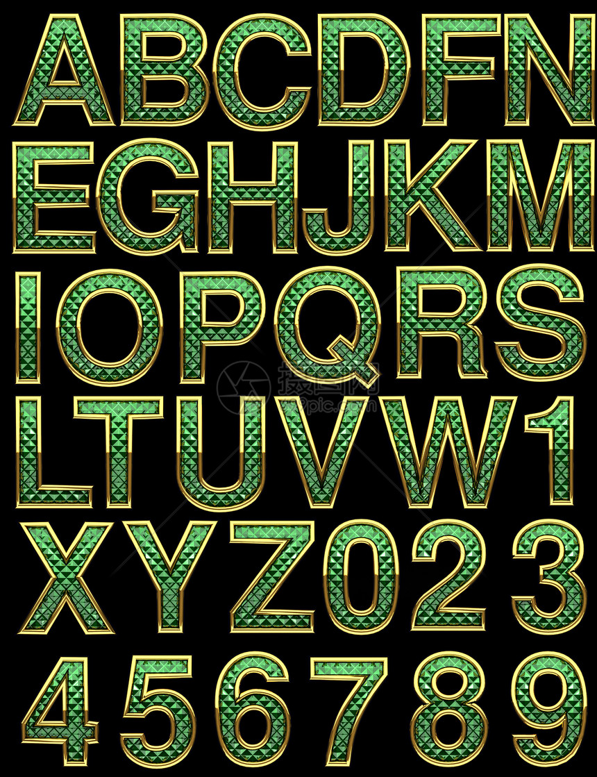 绿色金色字母表打字稿字体金子艺术脚本插图金属抛光奢华黄色图片