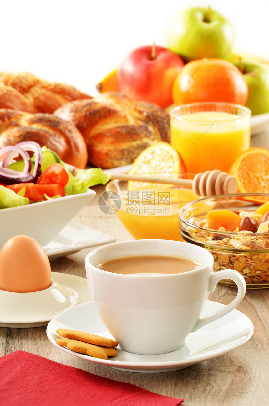 早餐 包括咖啡 面包 蜂蜜 橙汁 梅斯利a杂货店健康杯子饮食盘子均衡玻璃种子香蕉坚果图片
