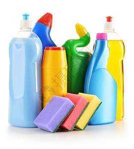 白色上隔离的洗涤剂瓶子 化学清洁用品塑料家政化学品消毒剂打扫厨房刷子洁净卫生产品白色的高清图片素材