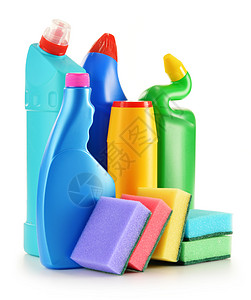 白色上隔离的洗涤剂瓶子 化学清洁用品消毒剂打扫洗碗洁净刷子厨房卫生产品化学品清洁剂卫生的高清图片素材