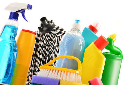 白色上隔离的洗涤剂瓶子 化学清洁用品刷子家政塑料化学品清洁剂洗碗消毒剂厨房卫生打扫卫生的高清图片素材