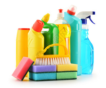 白色上隔离的洗涤剂瓶子 化学清洁用品塑料刷子洗碗厨房化学品洗手间卫生消毒剂打扫产品卫生的高清图片素材