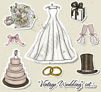 结婚蛋糕古老的婚礼套装衣服卡通片玫瑰收藏婚姻新娘帽子邀请函礼服边界插画