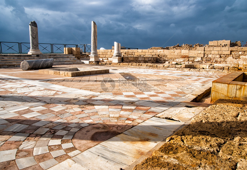 以色列Casareea 废墟公园海滩圣地古董砖块历史考古学石头历史性吸引力文化图片