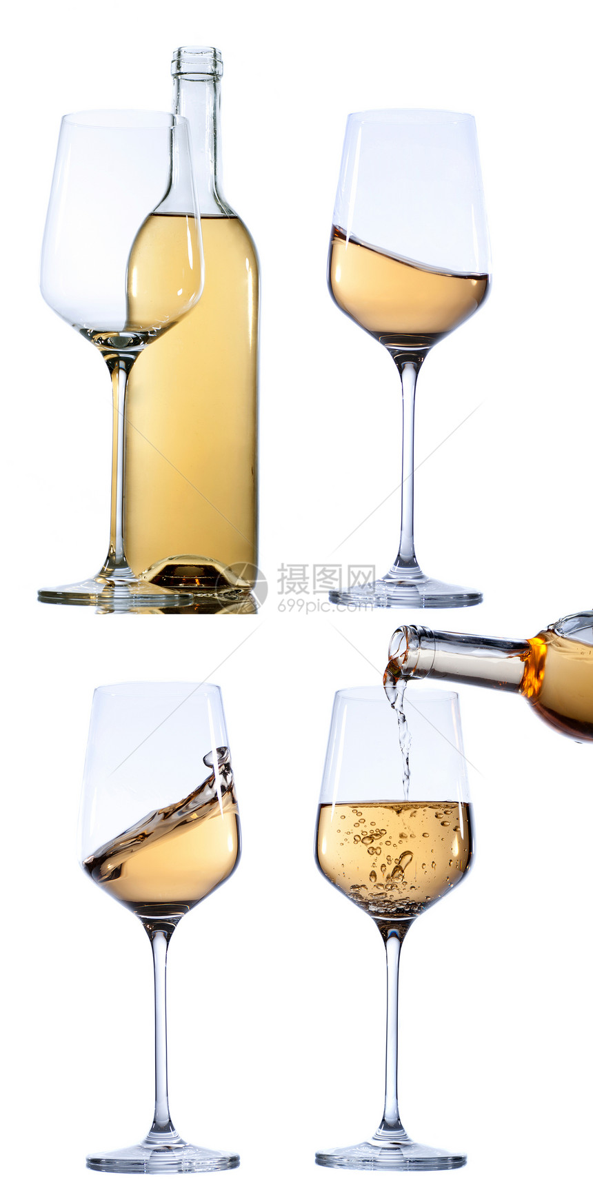 一套白葡萄酒在白色背景上的玻璃酒厂液体高脚杯饮料黄色剪裁酒精小路图片