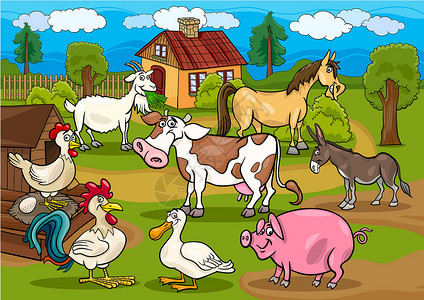 马驴农村农场动物的乡村场景动画插图插画