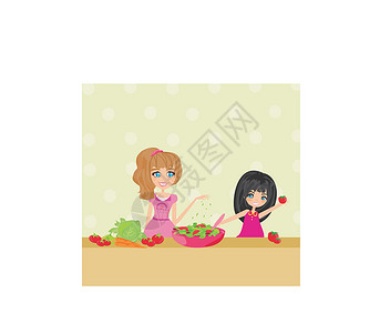 摘苹果小女孩两个笑笑的孩子混合沙拉童年烹饪桌子厨房洋葱乐趣蔬菜团队厨师家庭设计图片