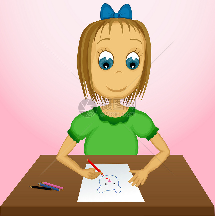 小女孩画画蓝色绘图铅笔红色插图童年爱好裙子绿色创造力图片