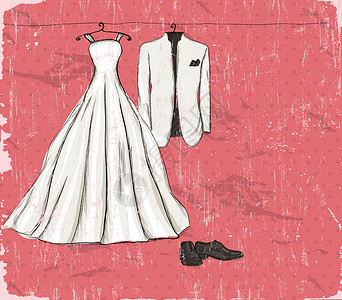新娘鞋带有婚纱的遗迹海报婚礼仪式舞蹈庆典插图横幅燕尾服裙子女性派对插画