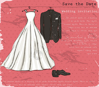 新娘鞋带有婚纱的遗迹海报装饰品套装卡片横幅未婚夫仪式女性舞蹈婚姻订婚插画