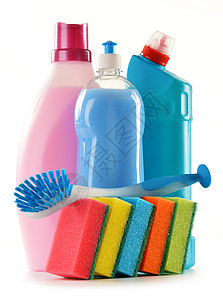 白色上隔离的洗涤剂瓶洗手间瓶子刷子洗碗家政产品清洁剂洁净打扫塑料厨房高清图片素材