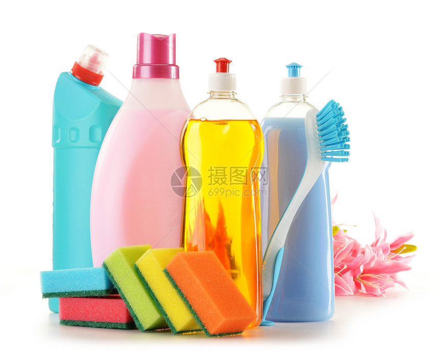 白色上隔离的洗涤剂瓶瓶子洁净产品洗手间消毒洗碗家政清洁剂消毒剂刷子图片