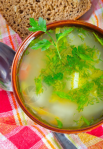 新鲜汤午餐液体香菜草本植物餐厅蔬菜洋葱胡椒面包盘子锅高清图片素材