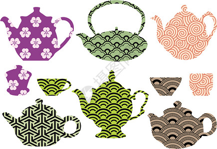 有魔力的茶壶茶壶和茶杯 有亚形模式 矢量设计图片