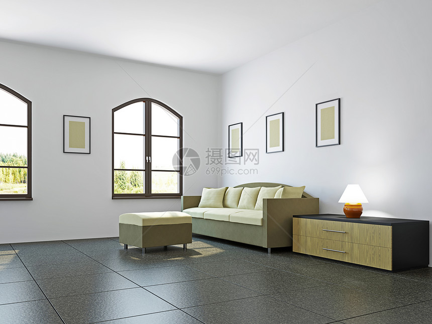 沙发和架子的客厅枕头公寓座位工作室时尚房间阳光桌子艺术框架图片