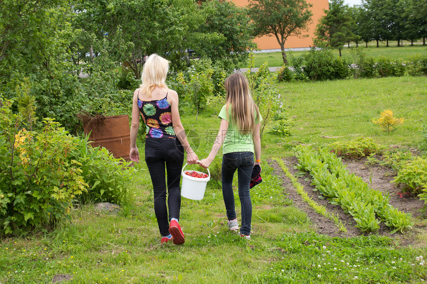 母亲和女儿从花园里走回家水果闲暇浆果父母女孩孩子食物家庭女性收获图片