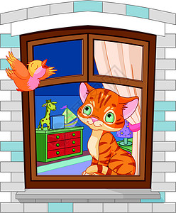 窗户上的鸟坐在窗户上的小可爱小猫插画