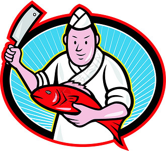 厨师利器刀具日本食鱼屠厨厨师男性刀具屠夫艺术品插图卡通片男人工人插画