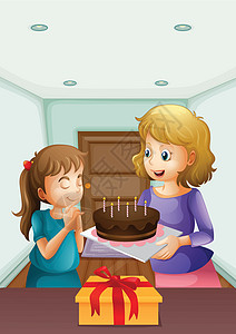 巧克力生日蛋糕一个女孩在吹生日蛋糕前许愿女性母亲绘画生日蛋糕盒子妈妈红色蜡烛女孩设计图片