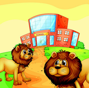 两只野狮子在一栋学校大楼前建筑朋友们夫妻班级场景绘画动物橙子玻璃天空背景图片