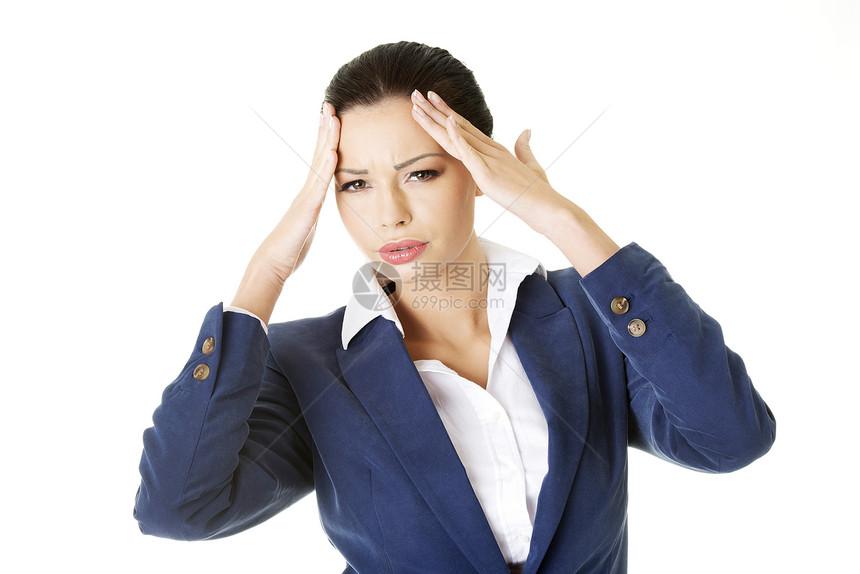 一位头痛的女商务人士女士商务疾病女孩工作黑发商业悲伤人士女性图片