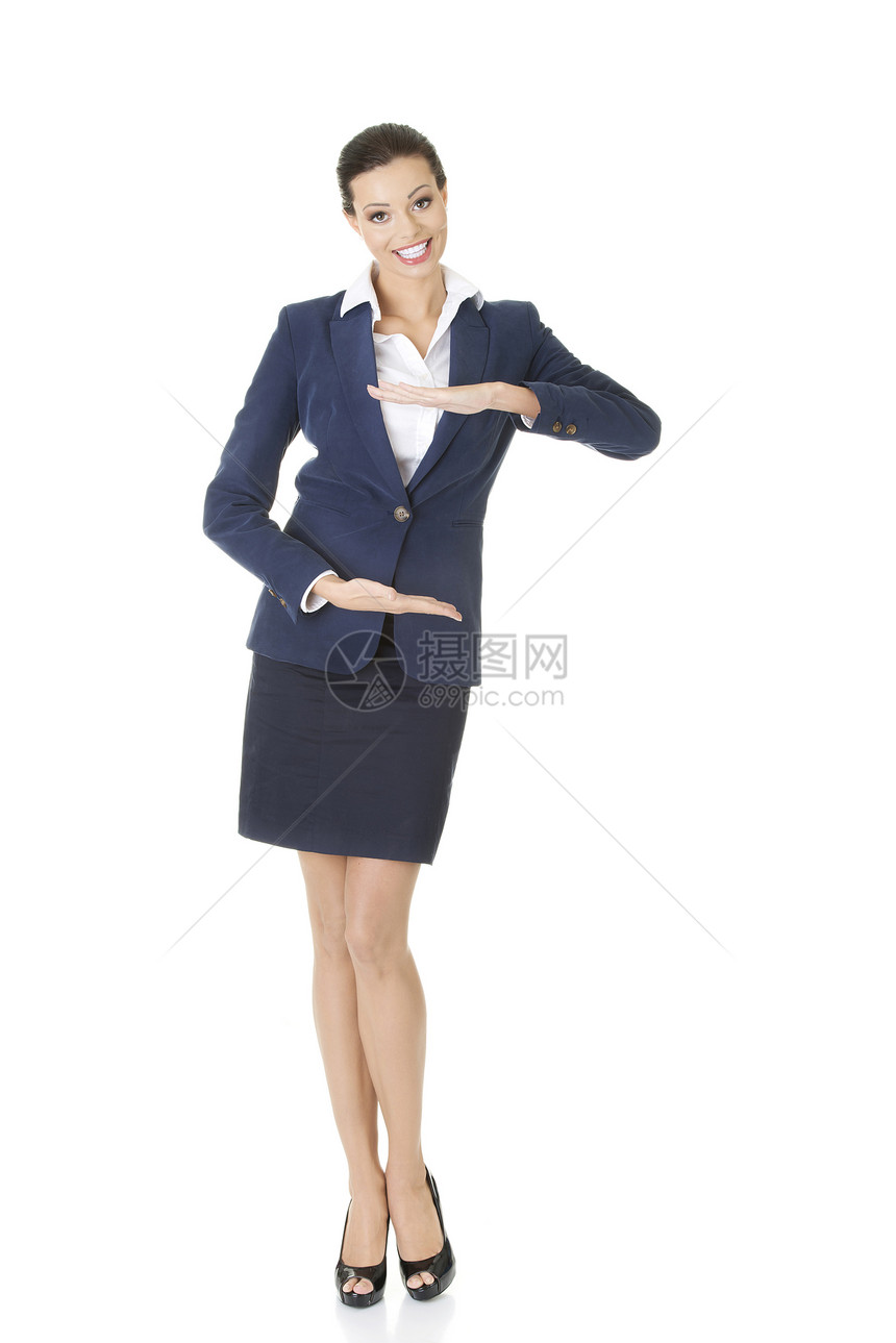 提供复制空间的女商务人士女性微笑工作室广告商务棕榈手势人士手臂推介会图片