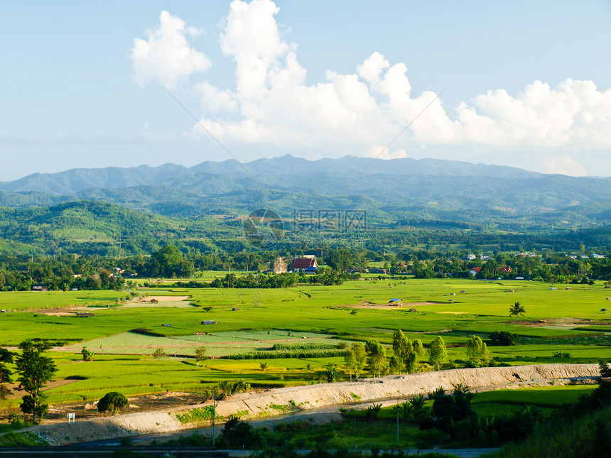 Mae Suay 水库附近的Paddy田和Moustain风景 清瑞蓝色稻田旅行小路森林驾驶木头场地假期国家图片