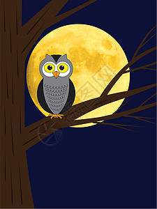 猫头鹰坐在树枝上插图灰色卡通片眼睛棕色月亮蓝色黄色背景图片