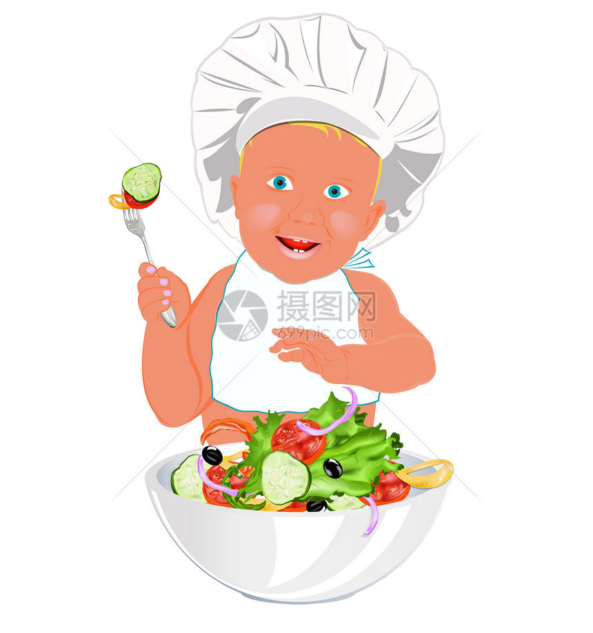儿童厨师和新鲜蔬菜沙拉用具微笑孩子黄瓜配件营养用餐围兜身体食物图片