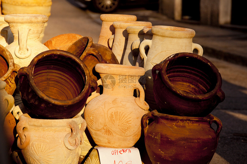 陶瓷罐和泥土罐市场艺术石器植物陶器贸易黏土博物馆双耳商品图片