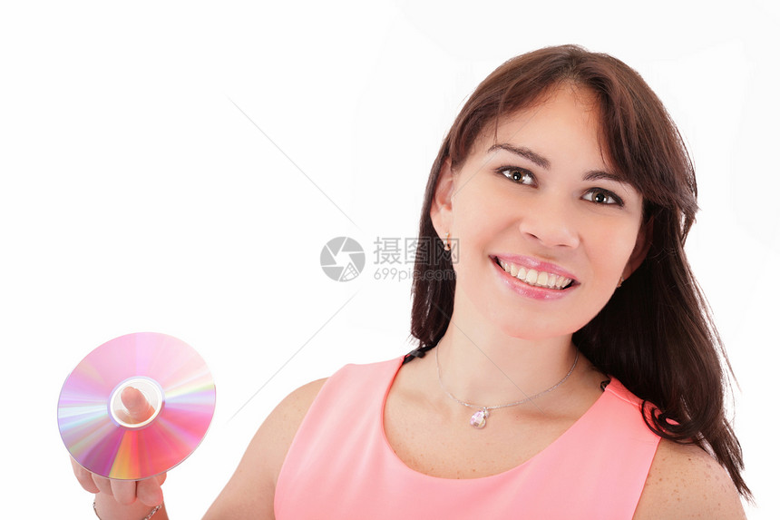 白色背景的CD级女性袖珍光碟头发音乐软件人士微笑女士技术女孩图片