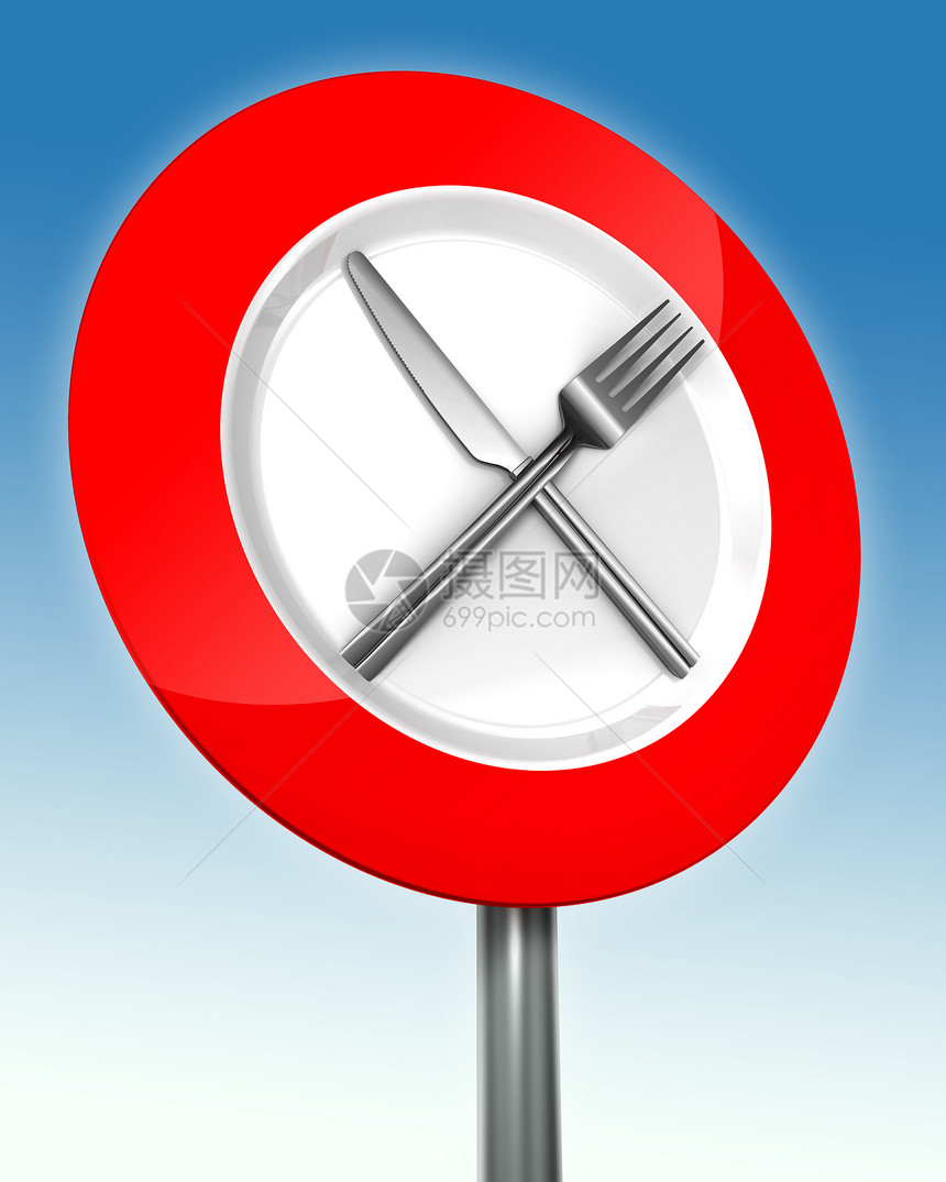 带金属叉和刀具的公路路牌图片