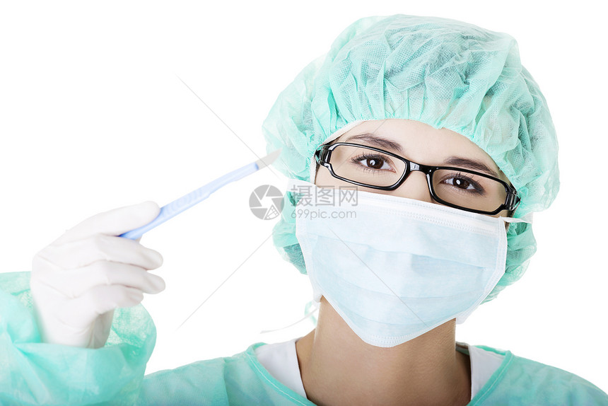 持有手术刀的女医生或护士职业女性专家帮助面具临床手套女士手术助手图片