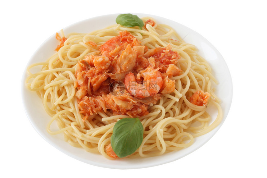 带虾的意大利面条白色食物盘子鳕鱼午餐油炸图片