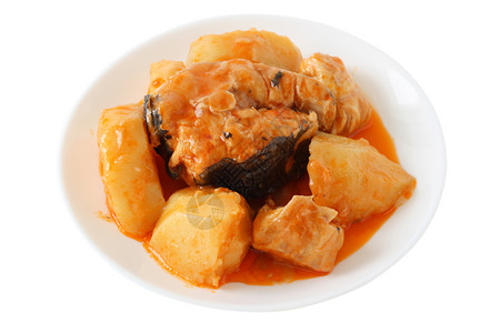 炖鱼食物土豆蔬菜国家鱼片午餐饮食盘子海鲜背景图片