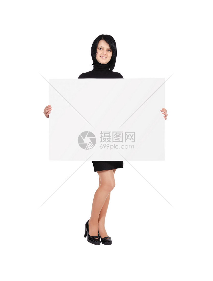 持有广告牌的妇女人士商务广告微笑快乐横幅女性成人卡片空白图片