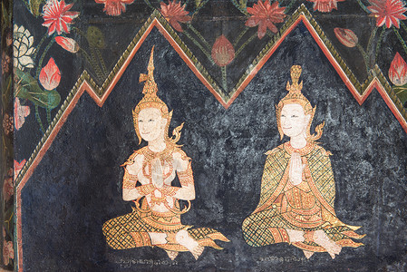 佛画在男女中勾画泰国佛祖神的古迹文化宗教传统金子绘画墙纸上帝寺庙风格精神背景