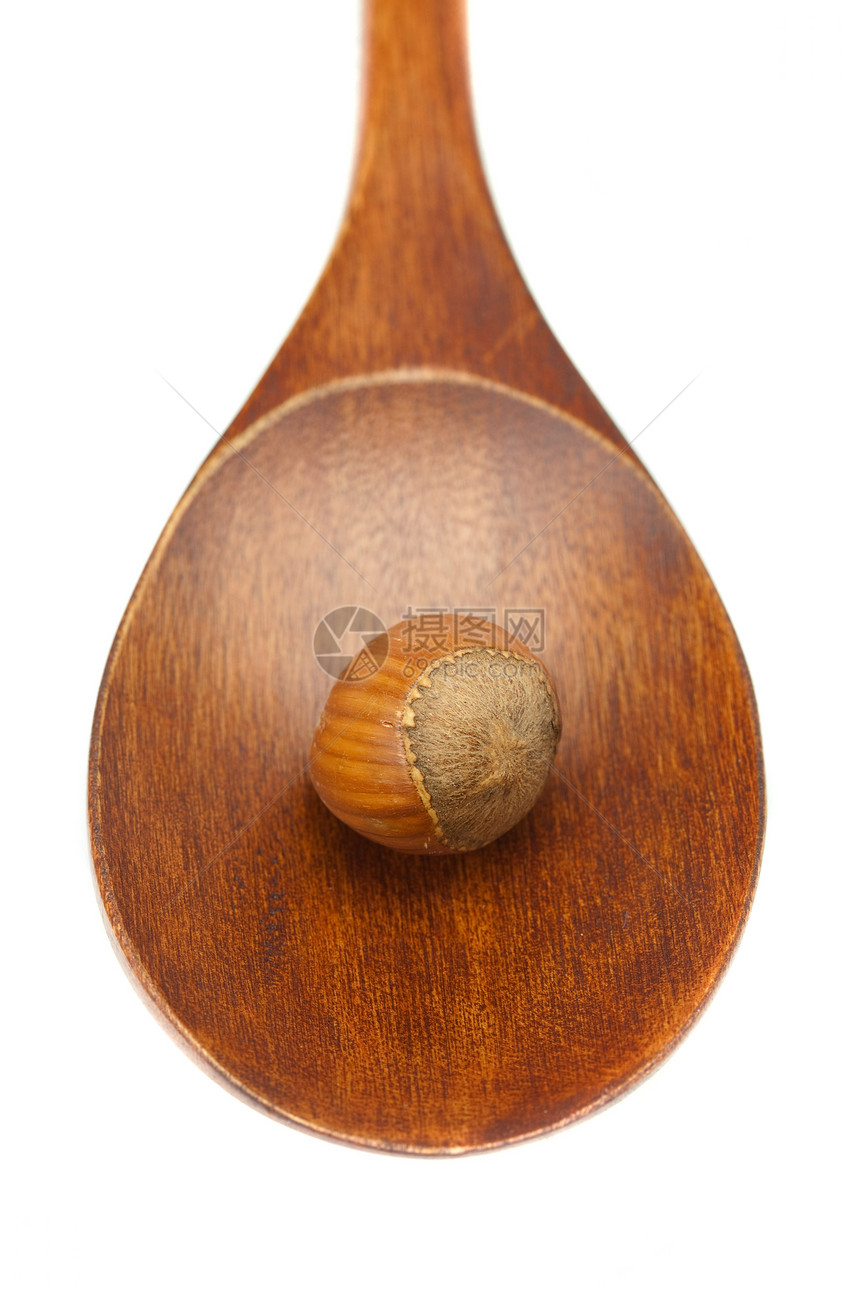 白纸上隔绝的木勺子上的栗子食物工作室坚果菜肴榛子力量棕色木头种子白色图片