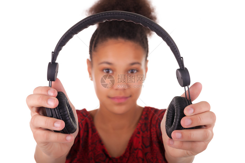 带耳机的非裔美洲青年妇女歌曲女孩幸福闲暇收音机娱乐青少年音乐享受黑色图片
